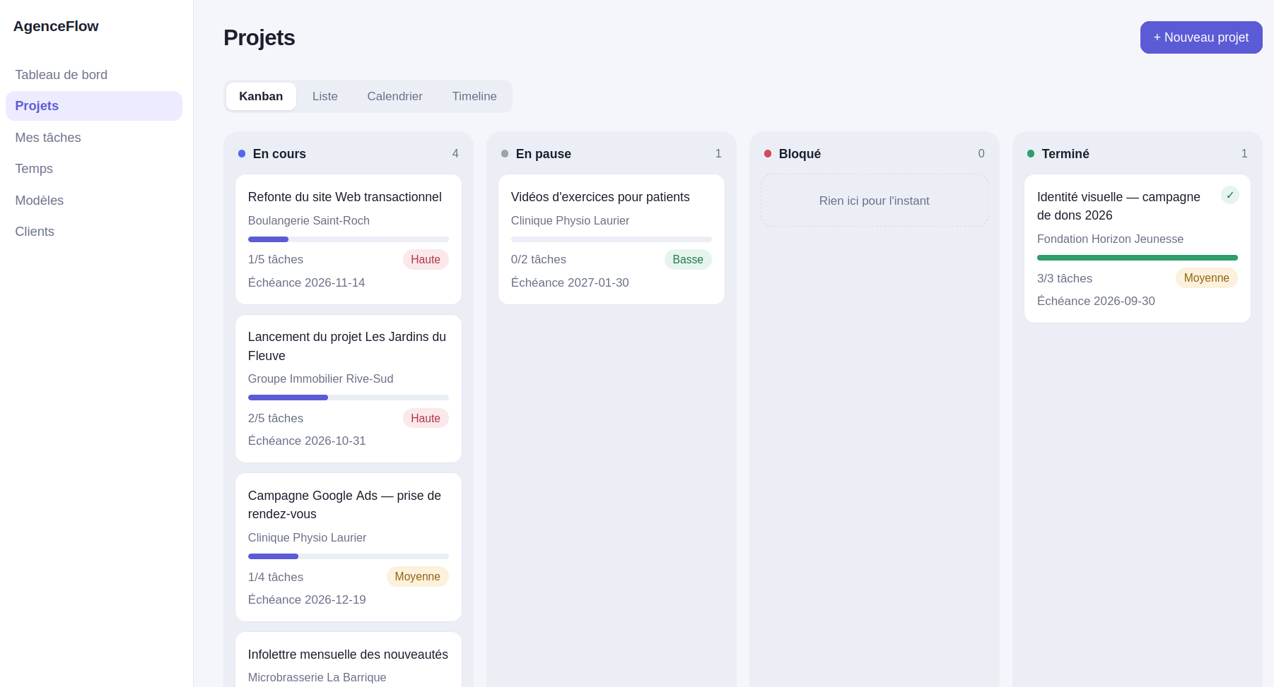 AgenceFlow — projects: Projects grouped by status, with progress and due dates.