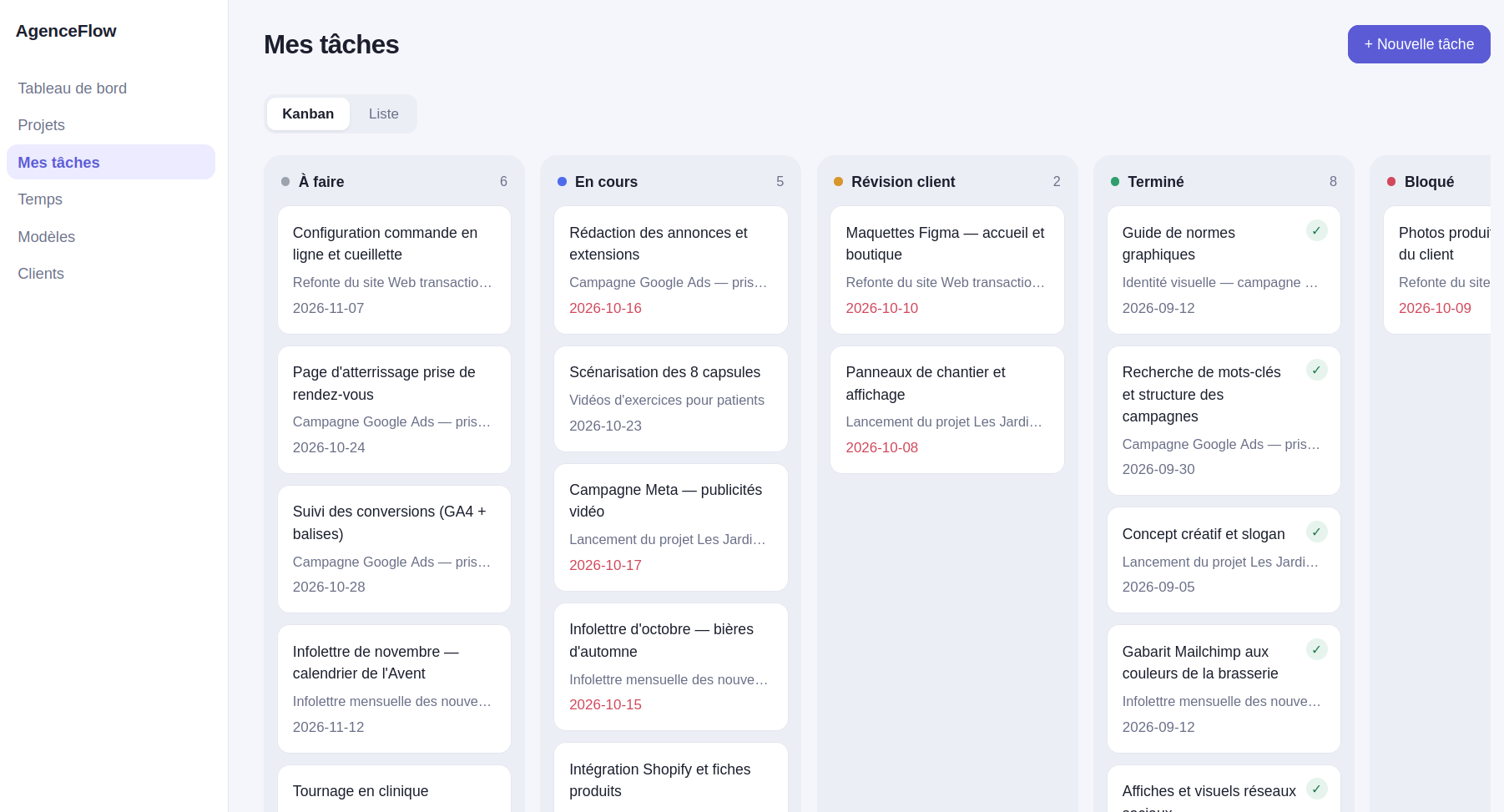 AgenceFlow — tasks: To-do, ongoing and completed tasks together on one board.
