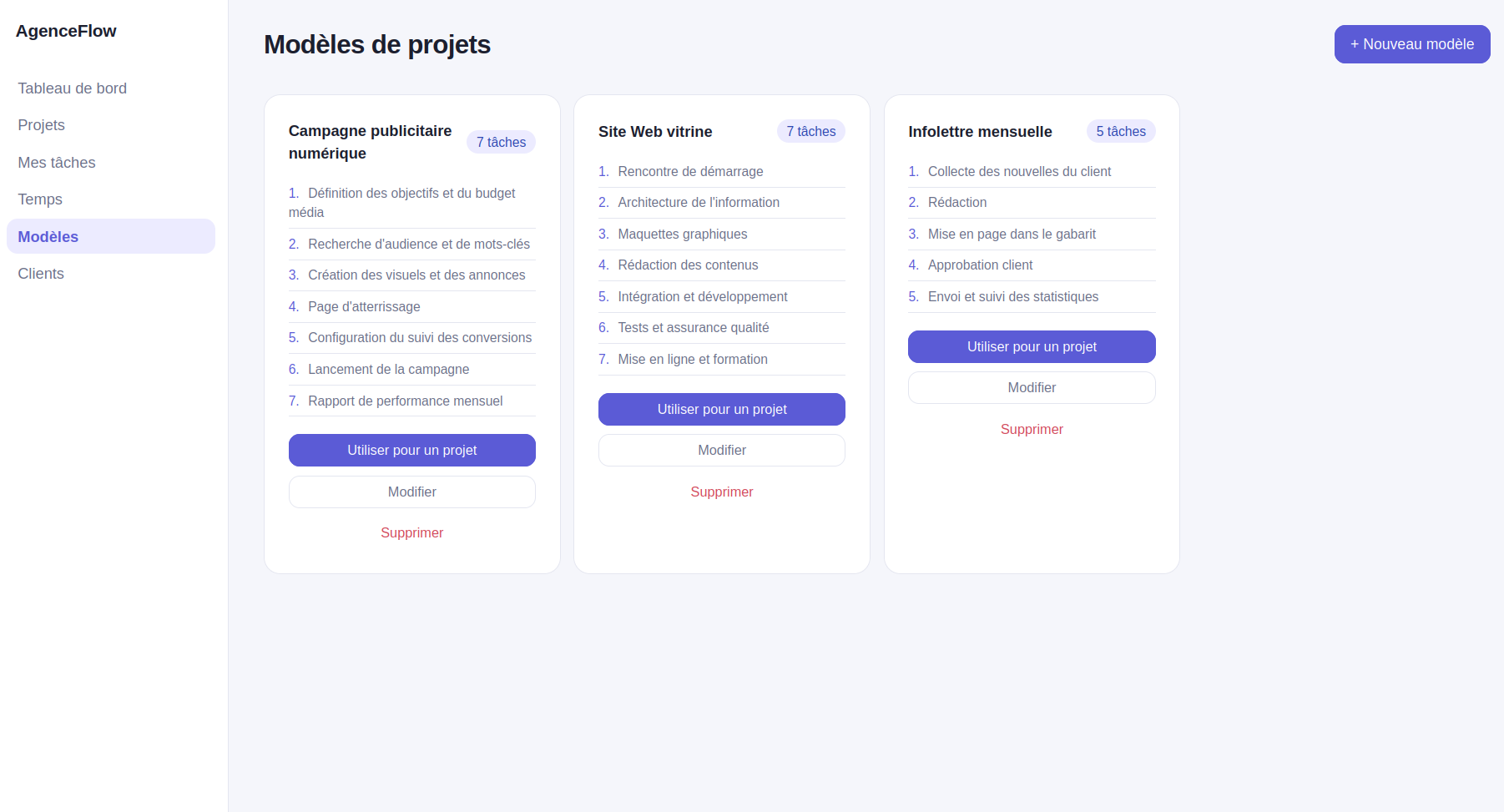 AgenceFlow — templates: Project templates that bring together the steps for recurring work.